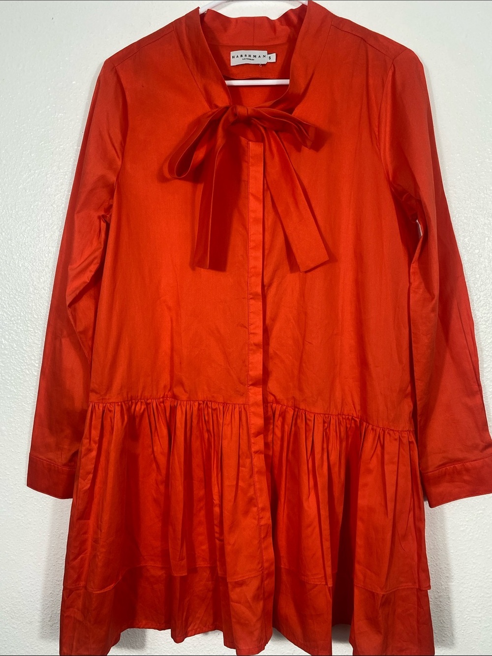 Harshman Tie-Neck Tiered Mini Dress in Vibrant Orange Size S 100% Cotton - Picture 4 of 16